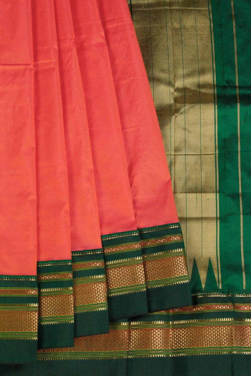 Narayanpet Silk Handloom Fuchsia-Pink Saree With Gold Stripes Green Pallu
